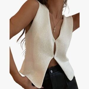 White Crochet Vest Top Knit V Neck